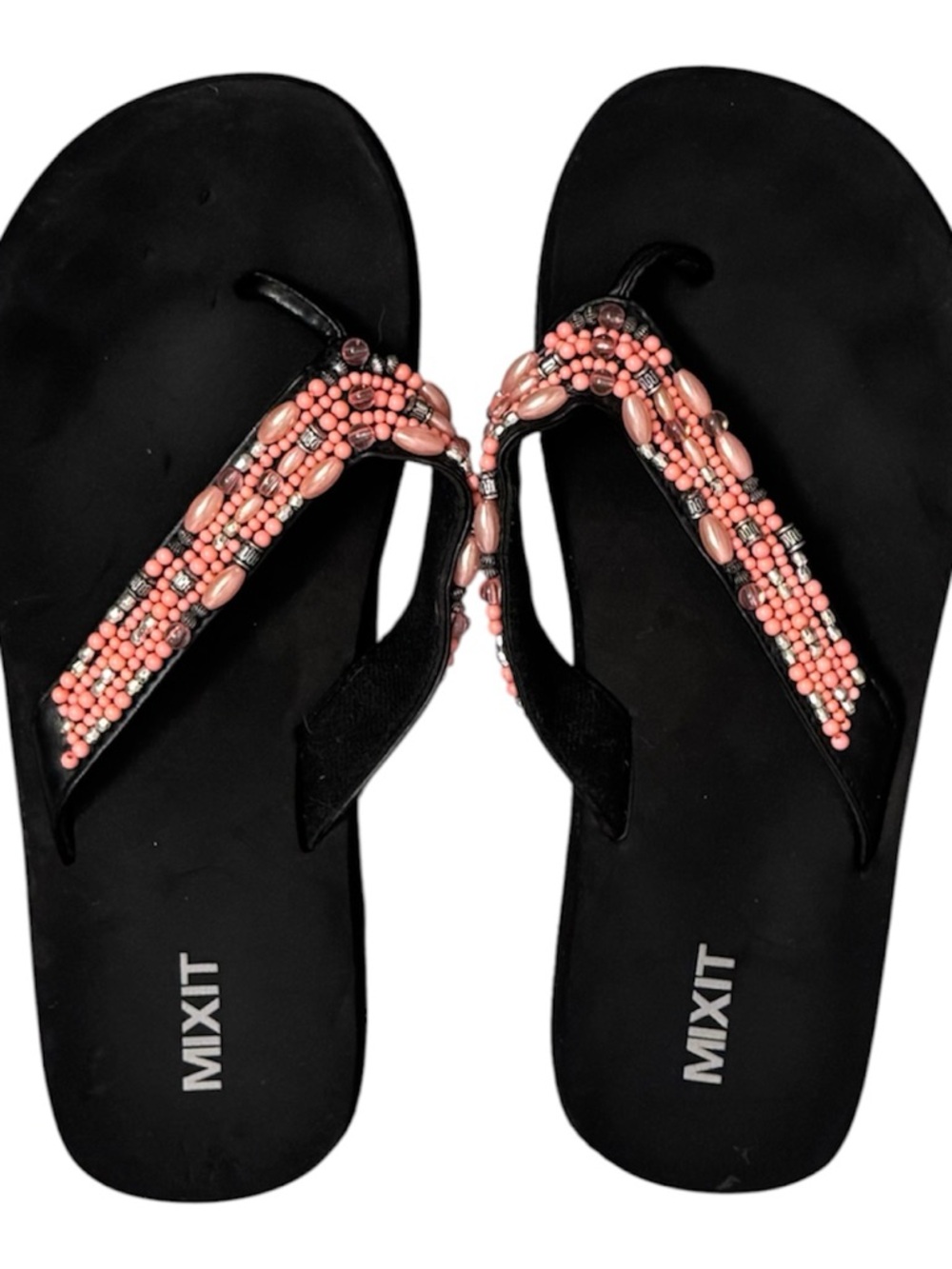 Mixit Black Flip Flops with Pink Beaded Straps